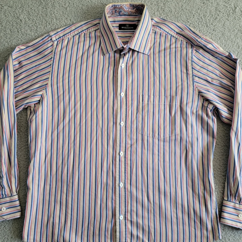 Bugatchi Uomo Shirt Mens XL‎ Multicolor Striped Paisley Trim Long Sleeve Cotton